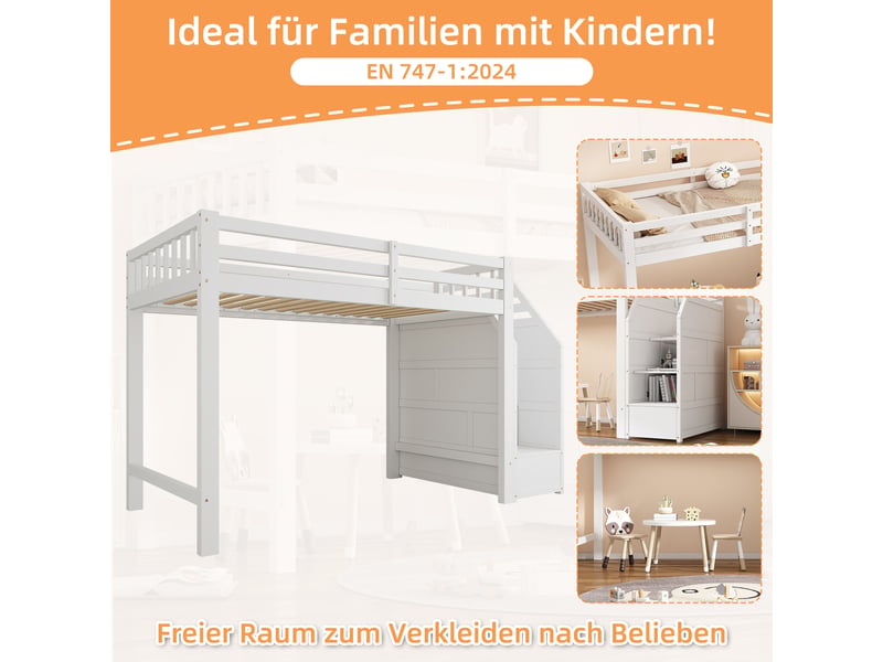  Lit mezzanine enfant 90x200 en bois de pin massif avec escalier de rangement et sommier, barrière de sécurité, structure blanche  - Conforama R