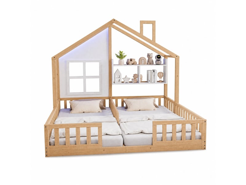 Lit cabane lit 2 places avec led, barrières et étagères 90×200 cm et 90×200 cm, sans matelas, bois naturel - Conforama A
