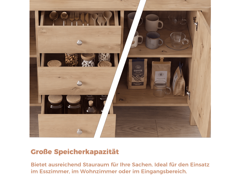  Buffet de rangement 120x40x80 cm, trois tiroirs et deux portes, panneaux de particules, couleur bois, style naturel  - Conforama E