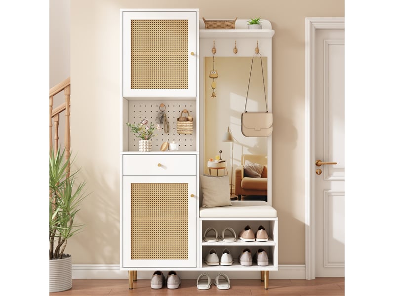  Vestiaire avec banc à chaussures et miroir 99x35x180 cm, blanc et naturel  - Conforama W