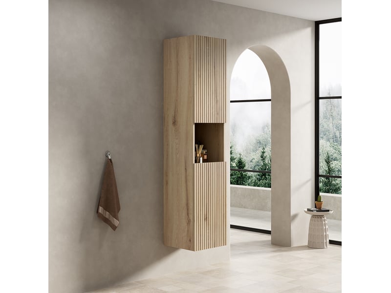 Armoire de salle de bain avec 2 portes, niche, étagères réglables et fermeture amortie, en contreplaqué chêne blanc - Conforama C