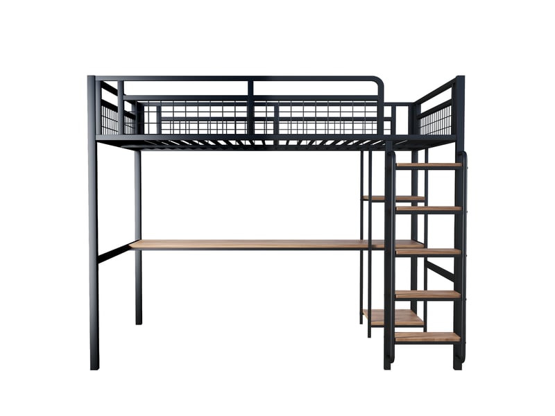  Lit mezzanine enfant 140x200 cm – noir – bureau et étagères intégrés, échelle sécurisée – sans matelas  - Conforama D