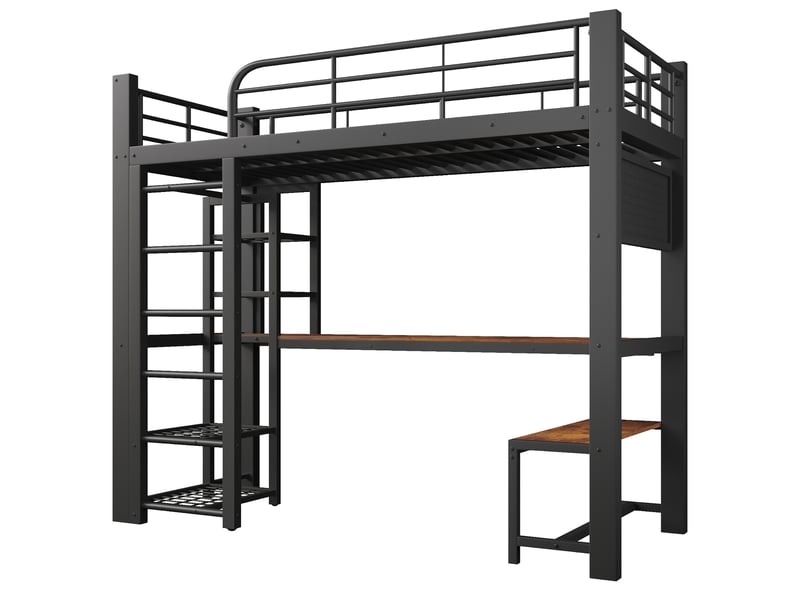  Lit mezzanine 90x200 cm métal noir avec led, bureau bois et rangements intégrés  - Conforama E