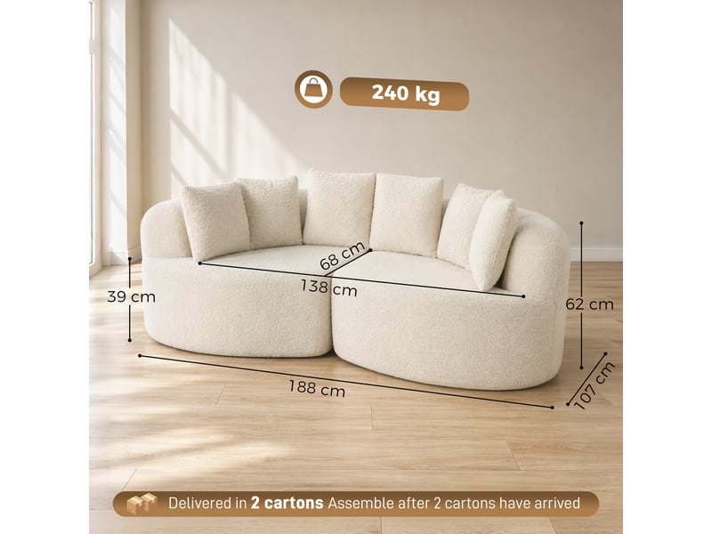 Canapé 3 places incurvé en chenille 188 cm, canapé salon avec assise profonde, rembourrage épais, 6 coussins, crème - Conforama C