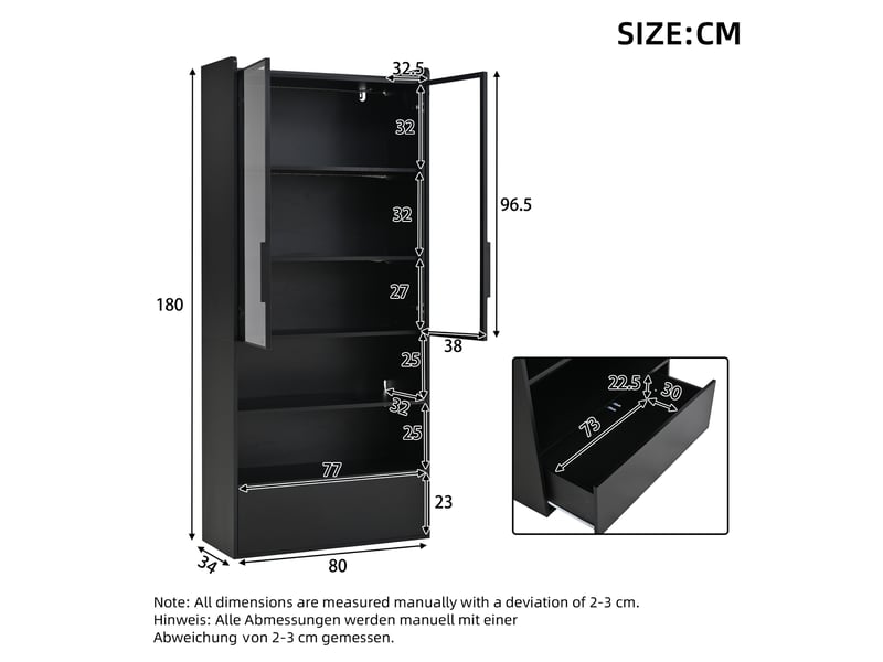 Vitrine 80x34x180 cm, led, espace de rangement, porte en verre, 1 tiroirs, bibliothèque, salon, en verre et mdf, noir - Conforama C