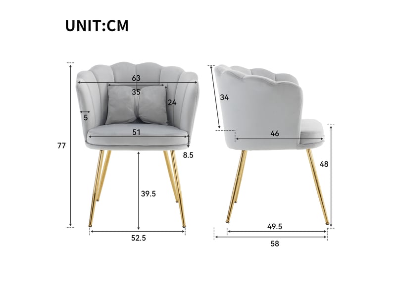  Lot de 6 fauteuils ulevr en velours gris, dossier pétale, pieds métalliques dorés, 63 x 58 x 77 cm  - Conforama C