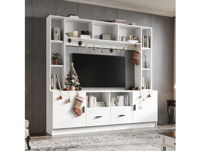  Ensemble mural tv modenvie blanc 180 x 35 x 170 cm avec 2 placards, 2 tiroirs et 11 compartiments  - Conforama E