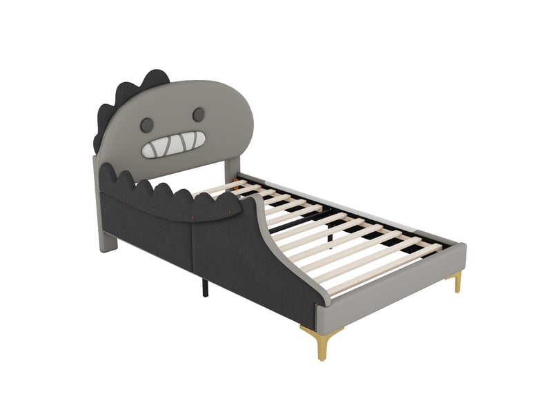 Lit enfant dinosaure gris 90x200 cm au sol en similicuir pu rembourré - Conforama D