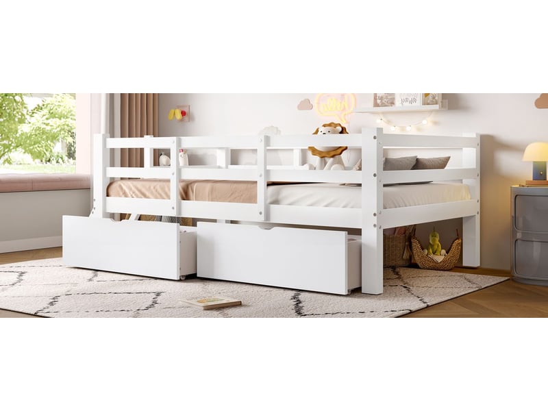 Lit simple 90 x 200 cm lit plateforme en bois barrière de protection 2 tiroirs de rangement finition blanche  - Conforama B