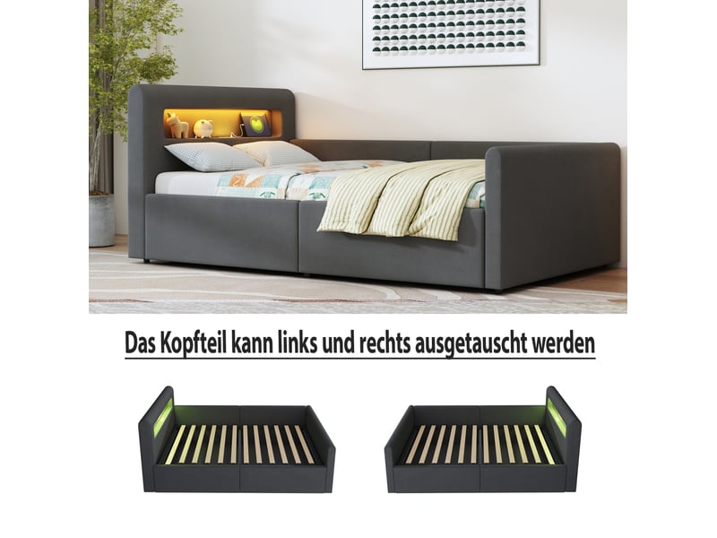  Lit coffre enfant 90x200 cm avec led et usb gris foncé  - Conforama E