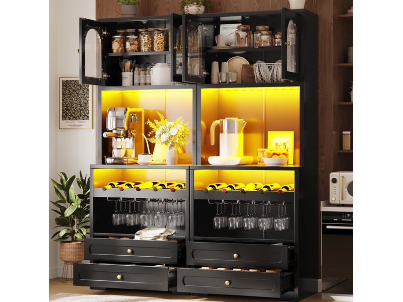  Lof 2 de buffet haut noir avec portes vitrées arquées, éclairage led par application et synchronisation musicale  - Conforama B