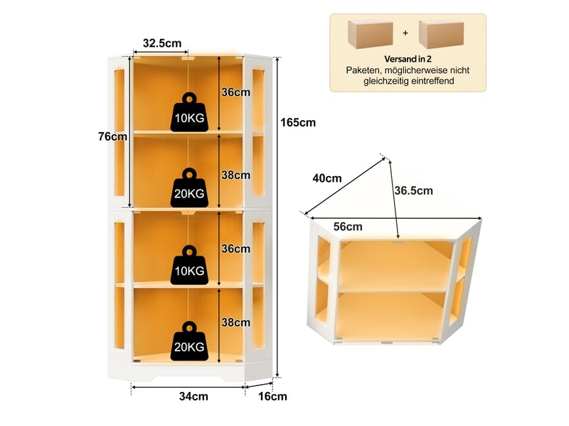 Vitrine d’angle 165 cm avec led, prise, porte-bouteilles et étagères en verre - Conforama C