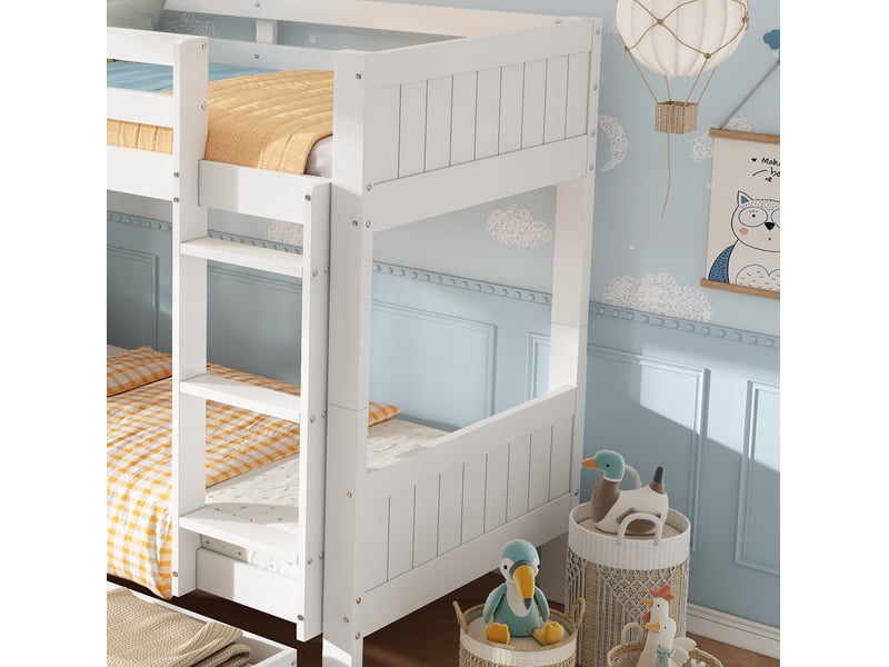  Lit superposé enfant 90x200 cm blanc bois, séparable en 2 lits simples, 2 tiroirs et échelle  - Conforama E