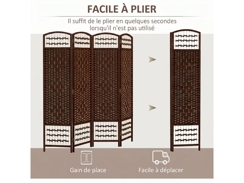 Paravent intérieur en bois séparateur de pièce cloison pliable 4 panneaux marron 160 x 170 cm  - Conforama D