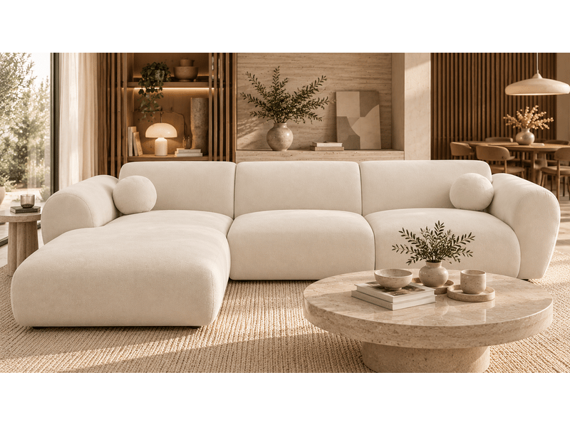  Canapé d'angle arrondi velours écru cloud bis - angle gauche  - Conforama C