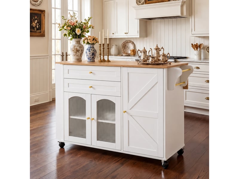  Desserte de cuisine 110x70x99 cm plateau rabattable panneau de particules blanc et naturel  - Conforama B