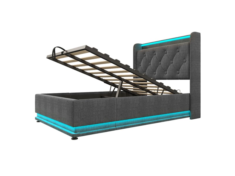  Lit 1 personne 90x200 cm avec led et usb, cadre de lit avec matelas et tête de lit en lin, lit simple, gris  - Conforama B