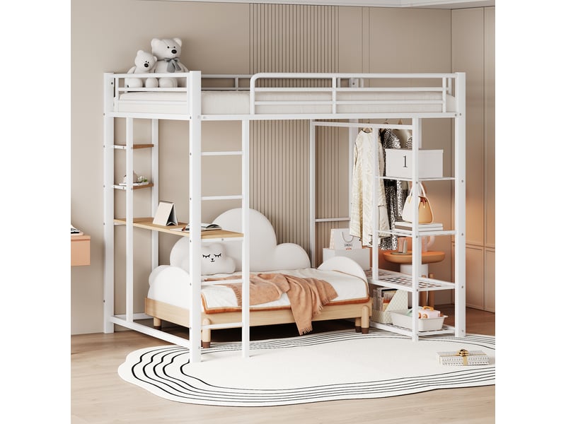  Lit mezzanine enfant 140x200 cm, table, étagère, garde-corps, sommier, métal blanc, sans matelas  - Conforama W