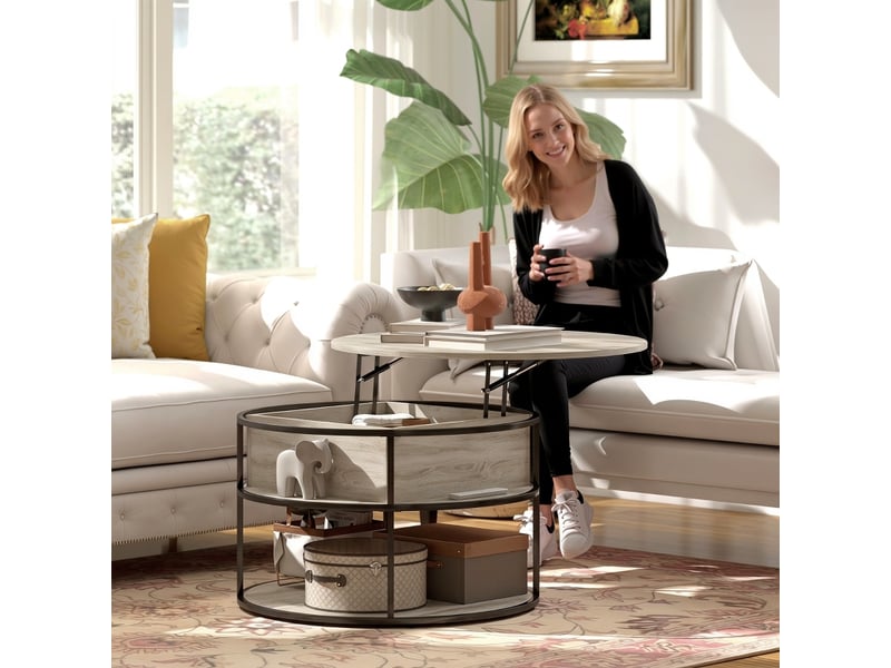 Table basse ronde avec plateau relevable, rangement, étagères latérales, structure en acier, table de salon, chêne - Conforama D