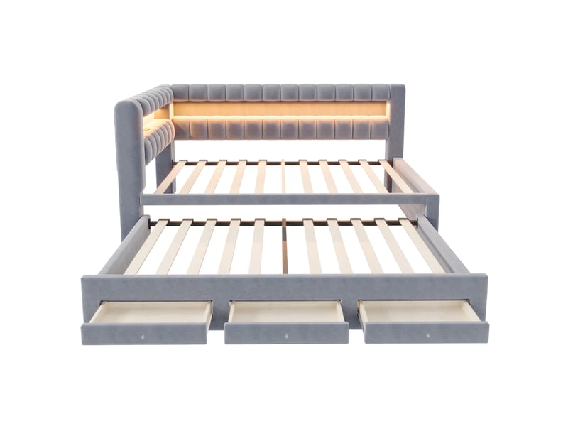  Lit gigogne 90x190 cm, lit jeune avec led, usb et rangement en métal et mdf couleur gris, design moderne  - Conforama E