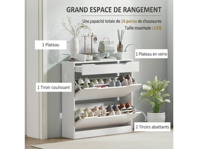 Armoire à chaussures avec 2 tiroirs rabattables + 1 tiroir coulissant + 1 comptoir et 1 plateau en verre blanc - Conforama E