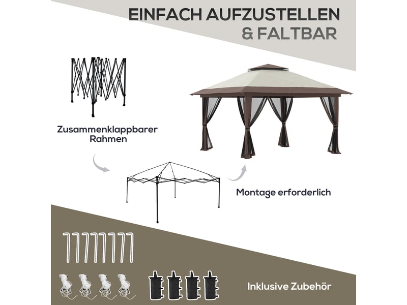  Pavillon pliant de jardin - 4x4 m - réglable en hauteur - protection uv50+ - rideaux en filet - toit double - beige 392x392x283cm - Conforama E