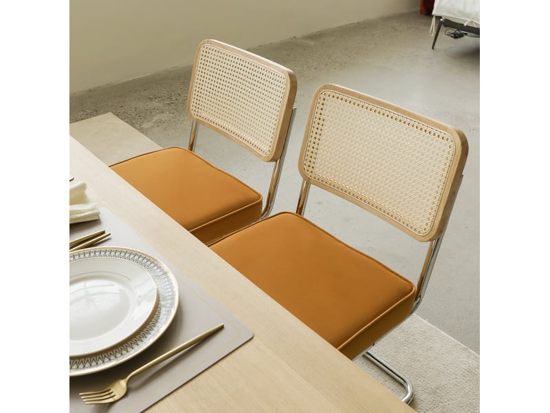  Chaises de salle à manger lot de 4 53.1×44.5×84.1cm, dossier en rotin tissé, cadre chromé, finition orange, style moderne  - Conforama E