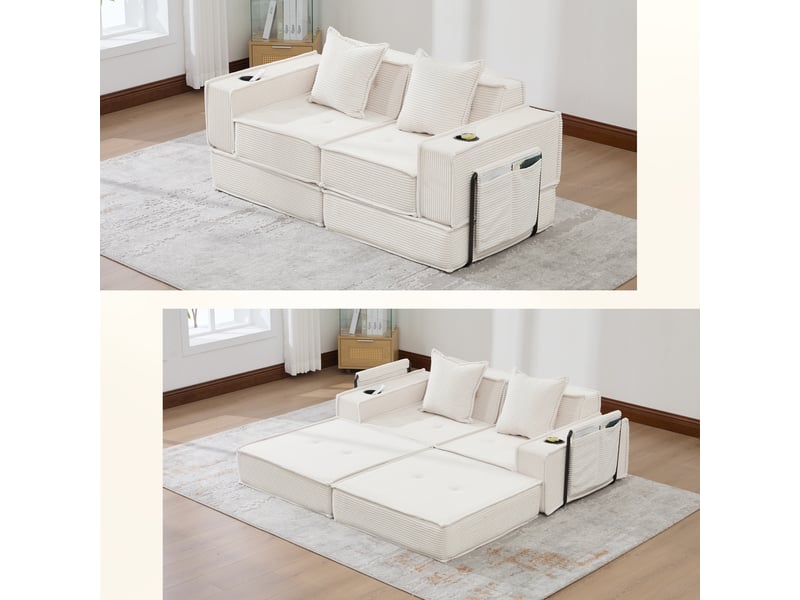  Canapé convertible, canapé-lit – en tissu, porte-gobelets, avec rangement, avec pouf, 2 places  - Conforama C