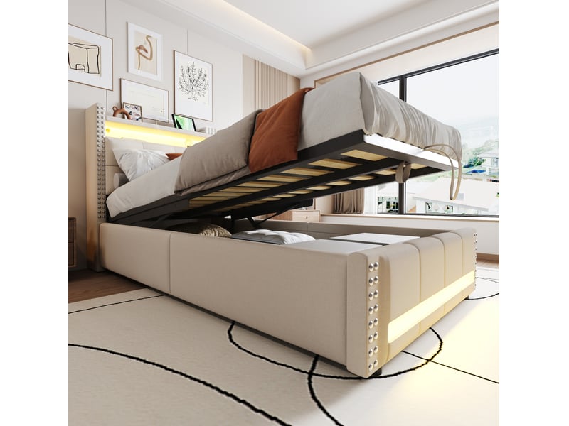  Lit coffre enfant 90x200 cm avec led et usb, tissu en lin beige  - Conforama D