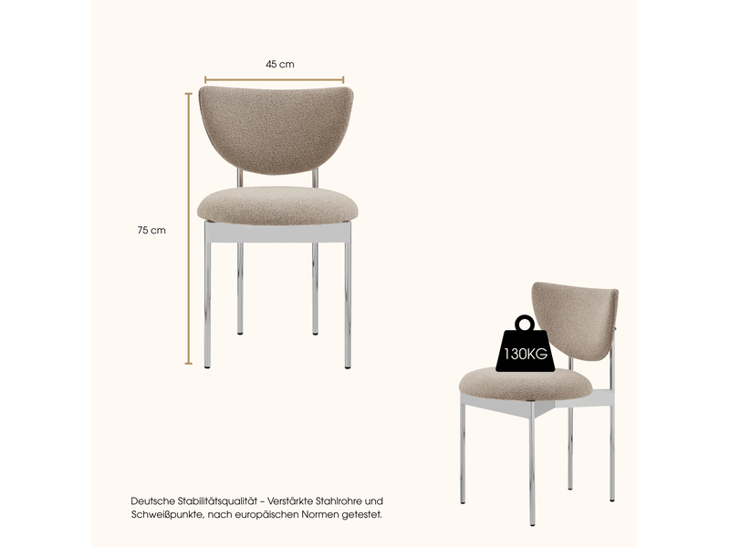  Lot de 2 chaises de salle à manger 54x47x76 cm, style scandinave, dossier arrondi, tissu et métal, kaki clair  - Conforama C