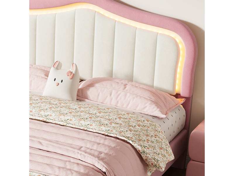  Lit enfant rembourré 140x200 cm en velours avec 2 tiroirs de rangement, tête de lit capitonnée blanche, led contrôlée par application - rose  - Conforama E