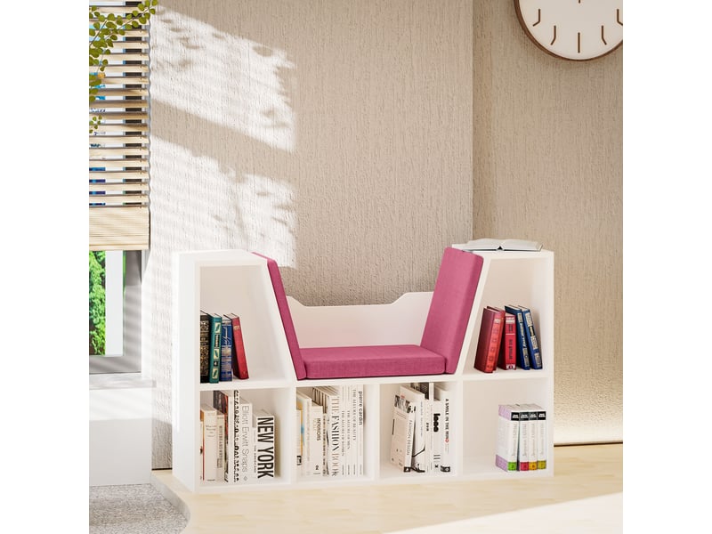  Étagère avec siège intégré, bibliothèque à 6 compartiments, coussin pour salon ou chambre, 102 x 30 x 61 cm, blanc et rose  - Conforama D