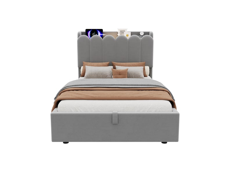  Lit d'enfant 90 x 200 cm, avec station de recharge usb et type-c ainsi qu'une lampe de lecture, en velours, gris  - Conforama A