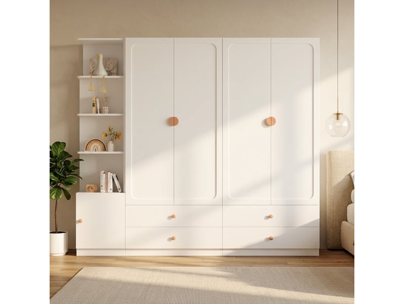  Armoire avec 3 tringles, 4 tiroirs et rangement ouvert pour chambre, en mdf, bois et acier, blanc, 225 × 45 × 200 cm  - Conforama C