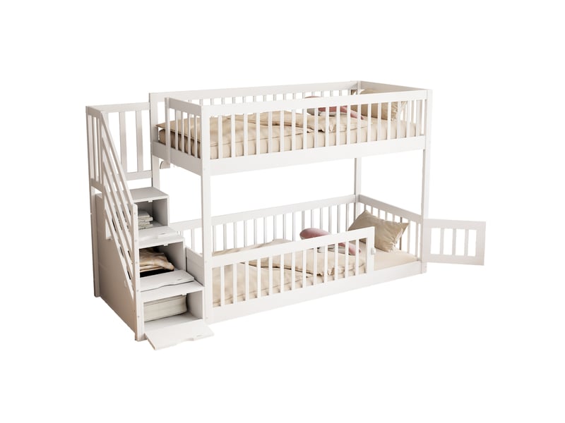  Lit superposé enfant 90 × 200 cm 2 places avec escalier à tiroirs et barrières, sans matelas, en bois massif, blanc  - Conforama A