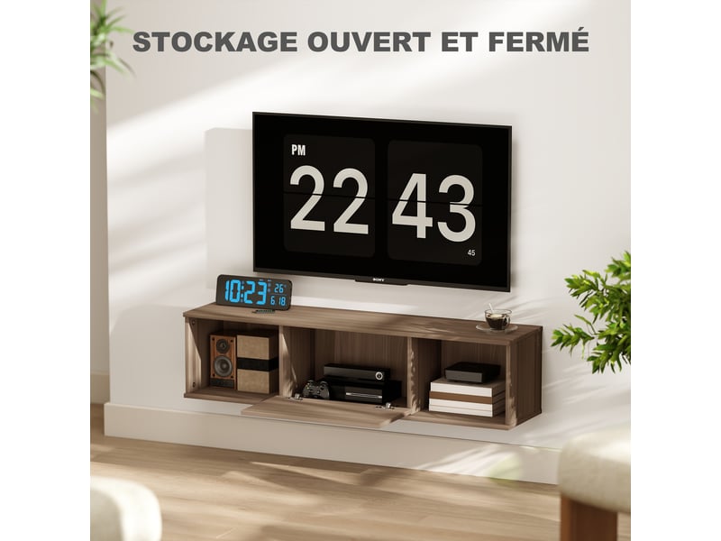  Meuble tv mural effet bois avec rangement ouvert et fermé, 120 x 30 x 29,5 cm  - Conforama R