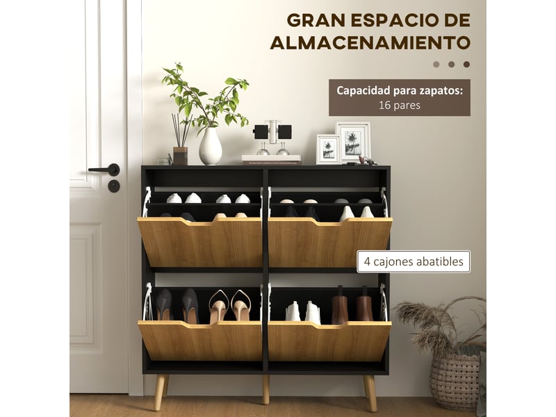  Meuble à chaussures étroit avec 4 tiroirs abattants et étagères réglables pour 16 paires, 95 x 26 x 95 cm, naturel et noir  - Conforama E