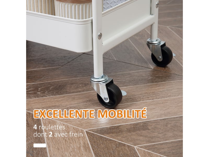  Desserte de cuisine chariot de service 2 étagères tiroir plateau aspect bois acier clair pp blanc  - Conforama R