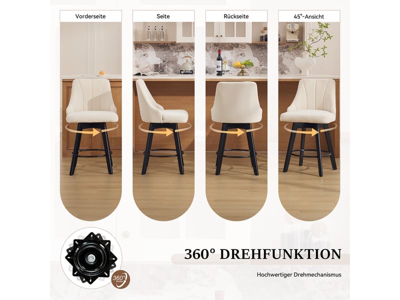  Lot de 2 tabourets de bar,53x53,5x94,5 cm,pivotants,chenille,beige  - Conforama D