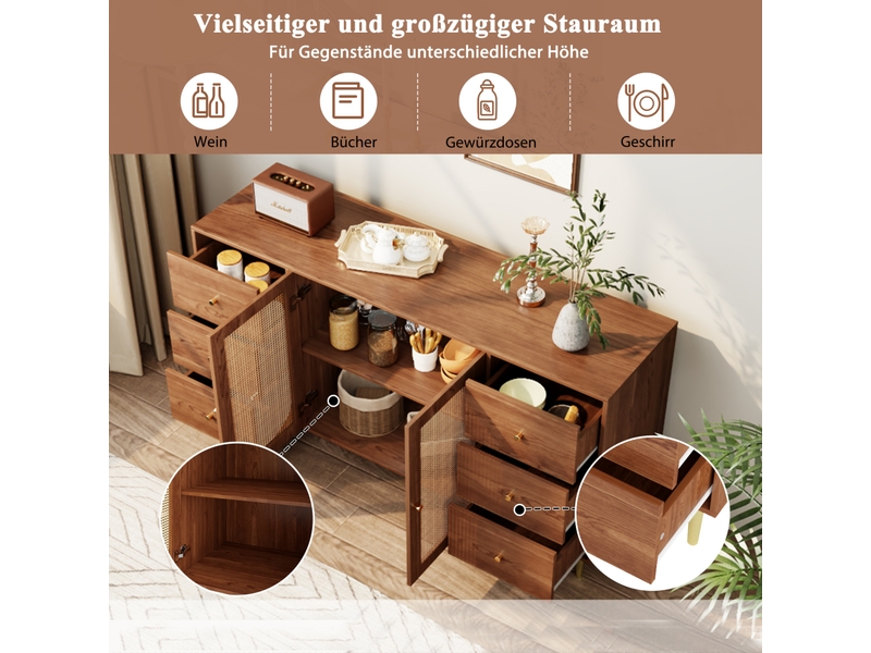 Buffet haut en mdf avec portes en rotin et 6 tiroirs – marron – 160 x 40 x 90 cm - Conforama E
