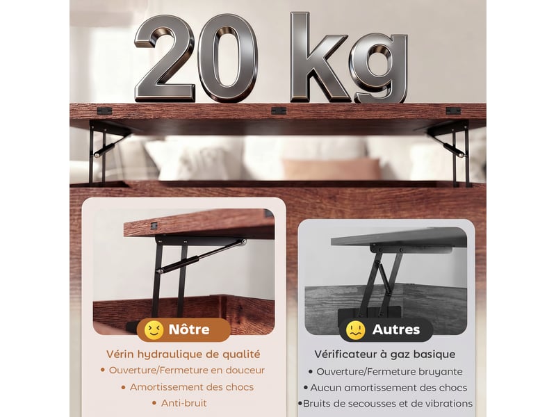  Table basse relevable et extensible table de salon avec compartiment caché étagère ouverte 100x45x50,5cm brun rustique  - Conforama R