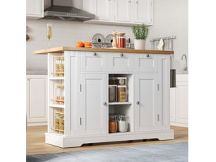 Desserte de cuisine mobile 132 x 70 x 87 cm, blanc et naturel en mdf, plan de travail rabattable avec prises usb