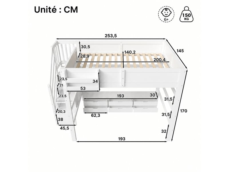  Lit mezzanine 140 x 200 cm avec 6 tiroirs et escalier de rangement, structure en pin et mdf, blanc  - Conforama C