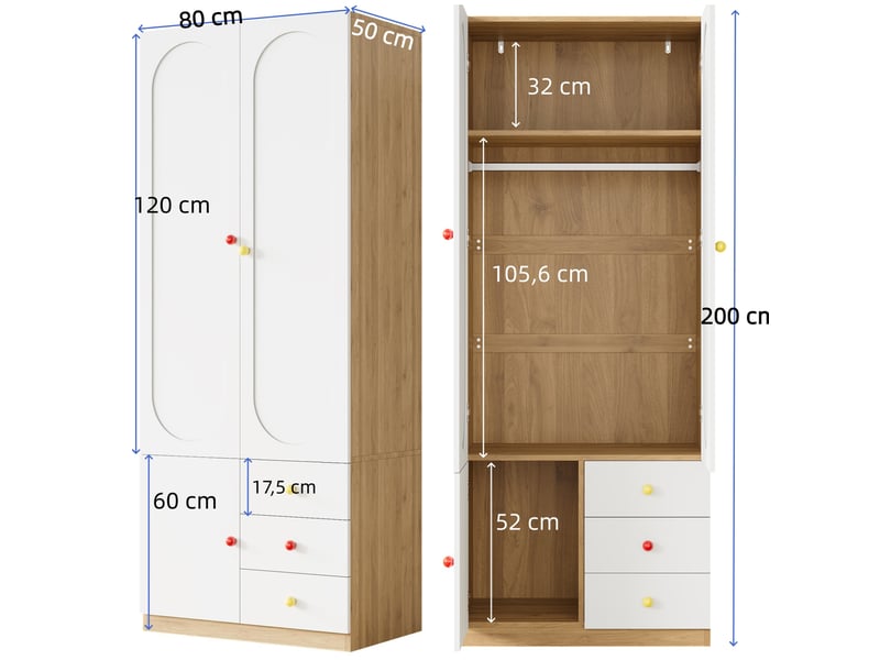 Lot de 2 armoires enfant 2 portes avec tiroirs 80x50x200 cm blanches mdf - Conforama C