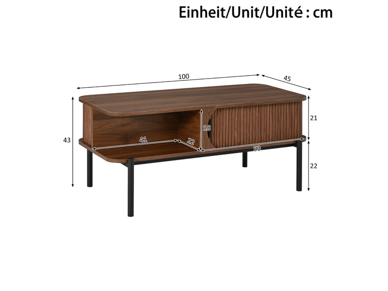 Table basse rectangulaire 100x45x43 cm avec 2 portes coulissantes rainurées, niches ouvertes, coins arrondis, pieds métal noir, mdf effet noyer - Conforama E