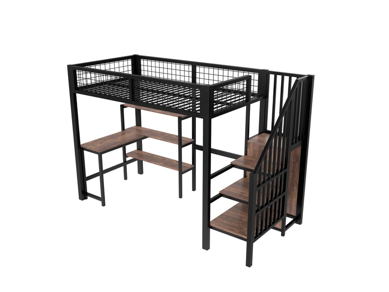  Lit mezzanine noir 90x200 cm en métal avec bureau, étagères et armoire intégrée  - Conforama D