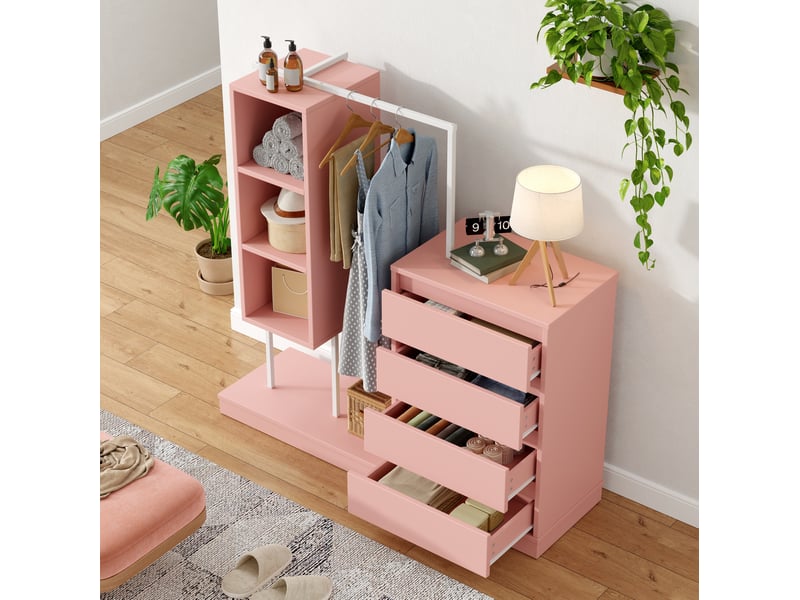  Armoire avec tiroirs 140x40x135 cm panneau de particules rose et blanc avec tringle et espaces de rangement  - Conforama D