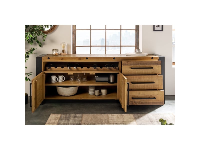 Buffet cavara 195 cm – pin massif brun vintage et métal noir – 2 portes, 3 tiroirs et range-bouteilles  - Conforama D