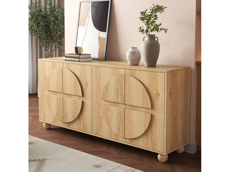 Buffet 4 portes 160x38x76 cm, étagères réglables en mdf et pin coloris naturel - Conforama D