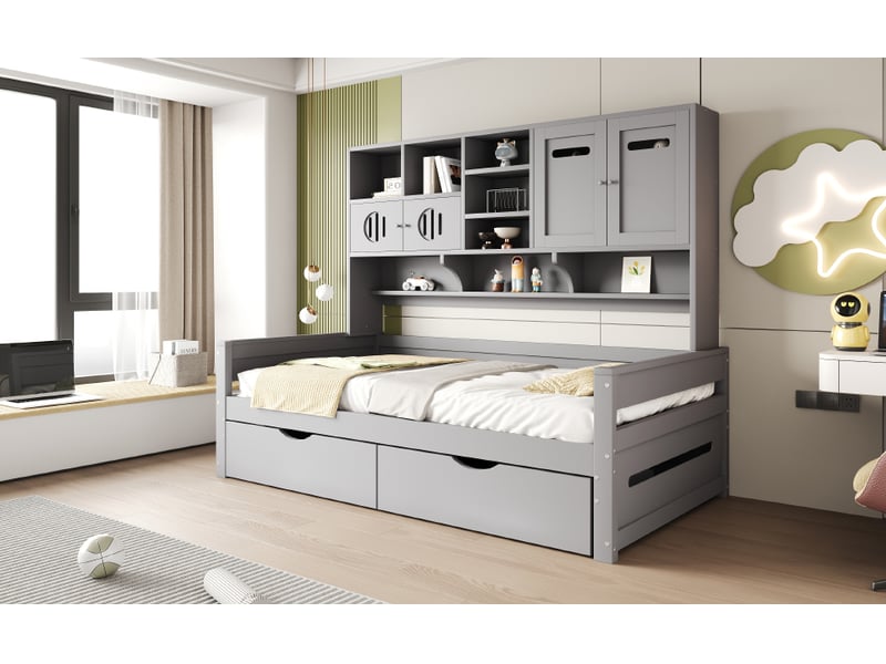  Lit banquette simple 90×200 cm, 2 tiroirs, rangements et étagères  - sans matelas, bois - gris  - Conforama E